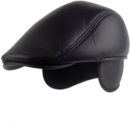 WENH Einzelne Haut dünne Leder Hut junge Männer Frühling und Herbst Rindsleder Baskenmütze mittleren Alters und ältere Menschen Forward Cap Arbeiter Hut(Black thick withear,L56-57cm)