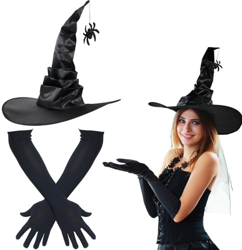 HSSPYY Hexen-Set Damen – Satin Hexenhut mit Spinnen-Anhänger & 45 cm Lange Handschuhe – Faltbares Kostüm Zubehör für Karneval, Fasching, Halloween & Gothic Party