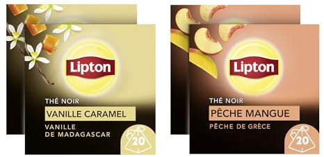 Lipton, Thé Noir, Pack de 4 Boites de thé, x2 Pêche et Mangue + x2 Vanille de Madagascar, 2x40 sachets, 80 Sachets