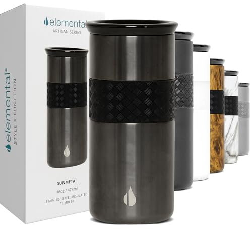 Elemental Artisan Triple Wall Insulated Tumbler – Stainless Steel Coffee Cup with Ceramic Lid – Thermal Travel Mug for Hot(6 Hrs) & Cold(18 Hrs) Drinks – Reusable Coffee Cups (Gunmetal, 473 ml)