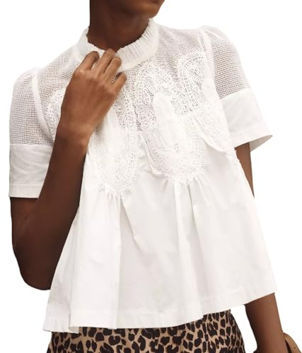 VAOYIU Women Lace-Detail Flared Blouse Short-Sleeve Crew Neck Lace Poplin Mesh Swing Top Casual and Elegant Loose with Intricate Back Design(White-M)