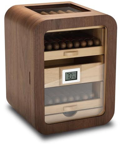 CIGARLOONG Cedar Wood Cigar Humidor Cabinet with Glass Top&Humidifier&Digital Hygrometer,4 Large Capacity Drawers Storage 110 Counts,Luxury Gift for Men (Brown)