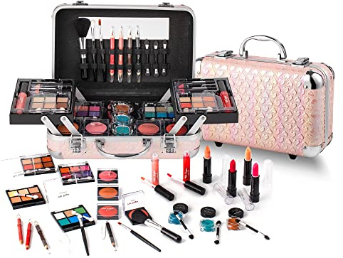 Hot Sugar Teen Makeup Kit, 27-Piece Cosmetic Gift Set for Women with Train Case, Eye Shadow Palettes, Blushes, Lip Glosses, Lipsticks, Eye Pencils, Brushes, Mirror (Pink Heart)