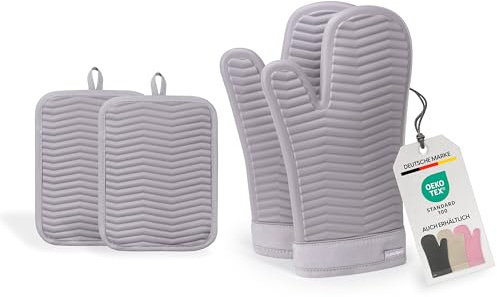Bellphany Silikon Ofenhandschuhe und Topflappen Set - rutschfeste Design Topfhalter zum Kochen & Backen, hitzebeständig bis 250°C, Grau