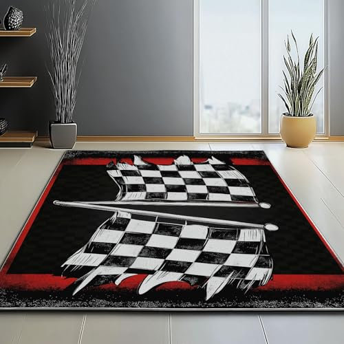 Lavable Tapis Imprimé Grille Drapeau De Course Sport Automobile Thème, Antidérapant & Flanelle Tapis pour Salle à Manger Chambre d'enfant 160 x 230 cm, Noir Poils Ras Paillasson Intérieur