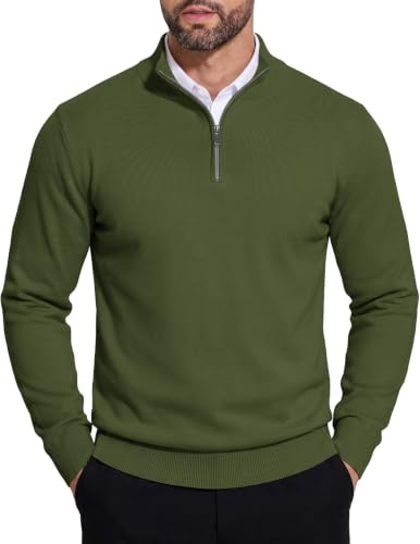 COOFANDY Hombres Jersey 1/4 Cremallera Cuello Alto Jersey de Punto Jumper de Invierno Manga Larga Cremallera Jumper de Cuello Alto Suéter Sweater de Trabajo para Los Hombres Verde Militar M
