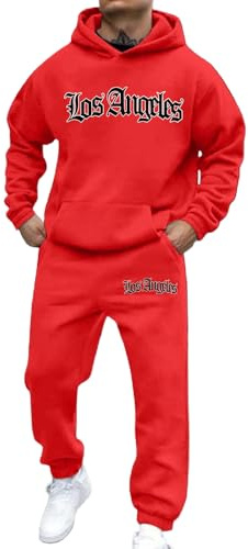 Duohropke Los Angeles Men's 2-Piece Tracksuit, Jogging Suit Set with Pockets, Fashion Pullover, Hoodies and Jogging Bottoms, Winter Baggy Sports Suit, Leisure Suit, Y2K Sweatshirt Suit, Tracksuit, red