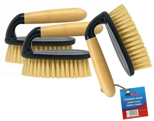 BH | Scrubbing Brush with Bamboo Handle | 3 Pcs | Iron Shaped | Stiff Nylon Bristles | Durable Hard Synthetic Scrubbing Brush Hand Tools to Clean and Scrub Floors Carpets Kitchen Bathroom - BEST HOUSE