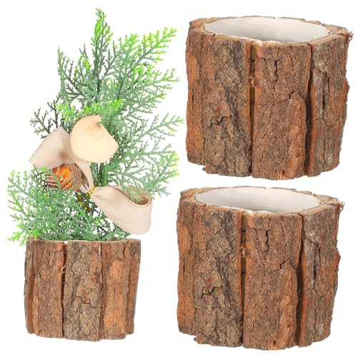 BESPORTBLE 3Pcs Waterproof Flower Buckets 3.54X3.15In Farmhouse Bark Flower Pots Wooden Plant Containers for Indoor Outdoor Home Garden Decor