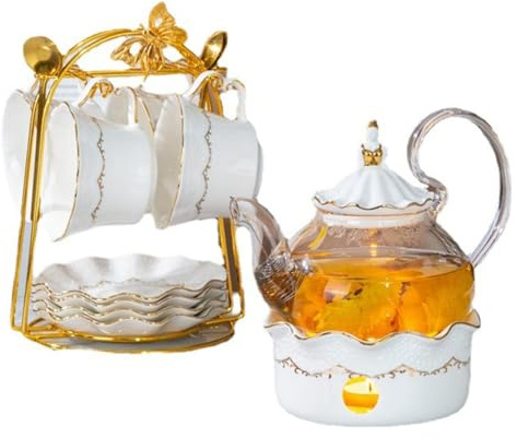 Elégant Service à café en céramique - Théière en Porcelaine Fine, Tasses, Assiettes et cuillères pour Adultes (Without Tray)