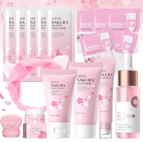 17 Pezzi Kit per la Cura della Pelle Sakura, Set Regalo per la Cura Della Pelle con Tonico, Crema Viso, Maschera per dormire, Maschera di fango, Essenza, Sakura Skincare Set per Ragazze Donne