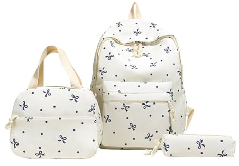 3 st söt Kawaii nylon ryggsäck set med rosett design för skola, reseryggsäck och utomhusaktiviteter, Blå rosett, M, Söt