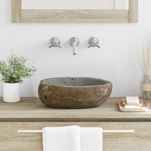 Qnhdfrt Lavandino da appoggio piccolo in pietra di fiume, grigio chiaro, 37 x 30 x 12 cm, lucido lavandino bagno ospiti WC con fascino rustico e superficie durevole per bagno, ospiti, WC, campeggio