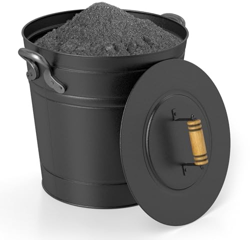Tangkula 3 Gallon Ash Bucket with Lid, Galvanized Metal Coal Ash Cleaning Can w/Mango Wood Handle & Dual Side Handles, Indoor & Outdoor Fireplace Tool Ash Pail for Fire Pits Wood Burning Stoves