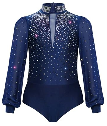 dPois Kids Boys Shiny Rhinestones Figure Skaing Leotard Long Sleeve Back Zipper Gymnastics Ballet Dance Bodysuit Navy Blue 12