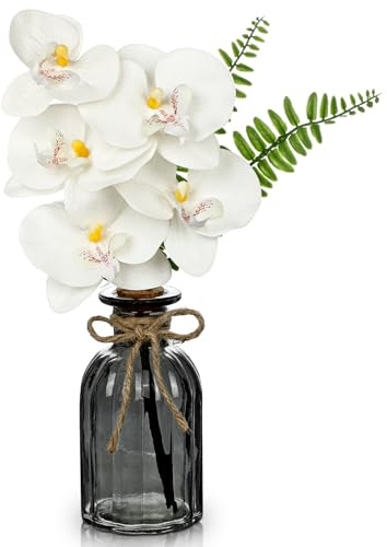 Hollyone Orquídeas artificiales blancas con jarrón de cristal, orquídeas artificiales como reales con jarrón, flor decorativa para salón, oficina, cocina, decoración de mesa