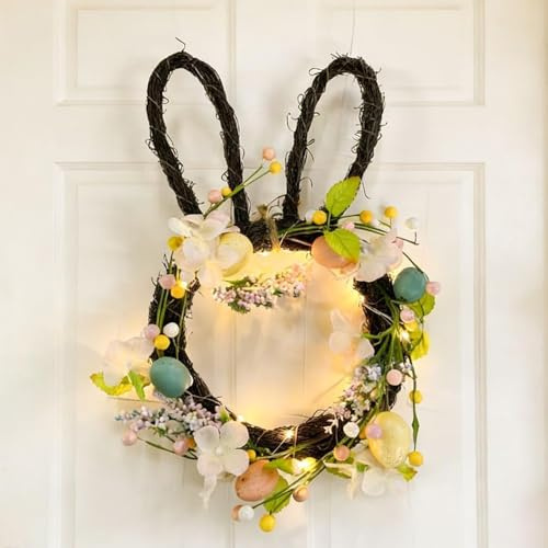 WRQIOO Couronne de Pâques pour porte, 40 x 23 cm, pour porte de maison, guirlande de Pâques naturelle avec œufs et plumes, guirlande de Pâques avec lumière LED pour décoration de Pâques, décoration