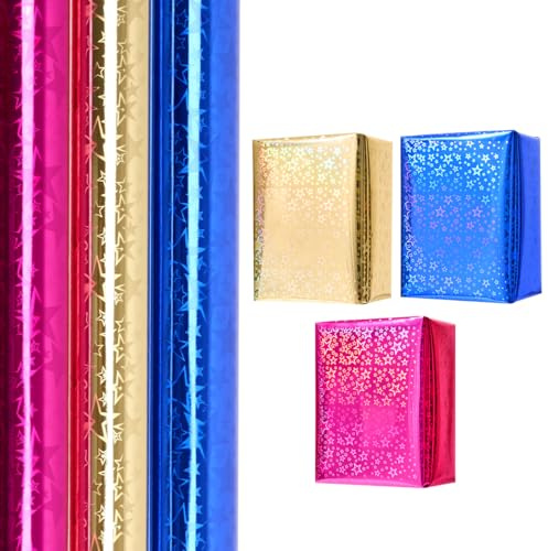 Lot de 3 rouleaux de papier cadeau d'anniversaire, 43 cm x 3 m, motifs étoiles dorées, rouges et bleues, parfait pour les mariages, anniversaires, fêtes et décorations de cadeaux