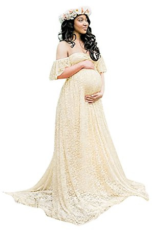 Générique Robe De Maternité Moulante Longue Femme Chic Et Elegant d'allaitement Robes Grossesse Latérale pour Femmes Enceintes Cérémonie Photographie Maxi en Dentelle Séance Photo Élégante Confort
