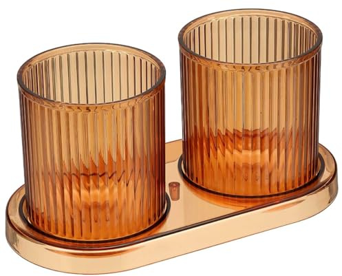 Hunwutef Zahnbürstenbecher 2er Set Unzerbrechlich mit Ablage, Spülmaschinenfeste Badezimmerbecher, Hitzebeständig, Hygienische Aufbewahrung, Bernstein