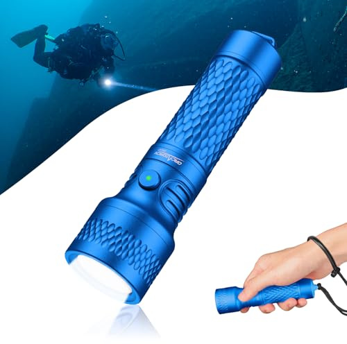ORCATORCH ORCA7 Lámpara de buceo, 3000 lúmenes, linterna subacuática, luz de buceo de 6° con modo SOS, IP68, resistente al agua hasta 150 m, para buceo nocturno, espeleología y buceo técnico (azul)