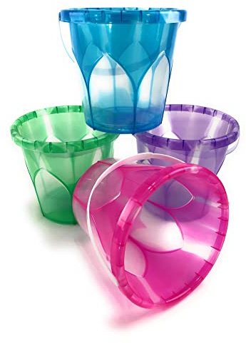 Matty's Toy Stop Beach Gear 6.5 Opaque Plastic Sand Buckets (Pails) Blue, Pink, Green & Purple Party Set Bundle - 4 Pack