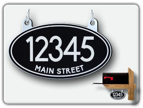 Curb N Sign Hanging Mailbox Numbers Plaques - Made of Aluminum Composite Material - Super Reflective, Double Sided Options Mailbox Numbers for Outside – Customized Oval Mailbox Number Plaque (Black)