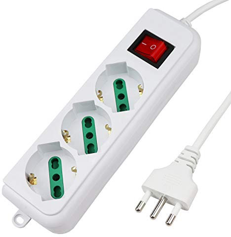 Extrastar Multipresa Ciabatta Elettrica con 3 Prese Universali ITA 10/16A e Schuko, Interruttore Luminoso, Cavo 3 m con Spina Italiana 16A, Bianco, bipasso.