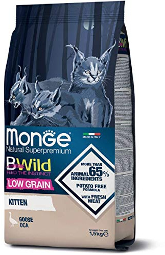 Monge BWild Low Grain Goose Kitten, Trockenfutter für Katzen (Katzenfutter trocken mit Entenfleisch, hochwertiges Kittenfutter, Nature Kittenfutter, 1,5 kg)