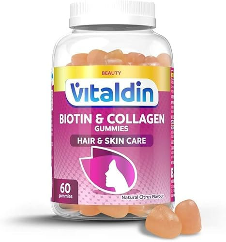 VITALDIN Biotin + Kollagen Gummies – Beauty Nahrungsergänzung – 2.500 mcg Biotin, Vitamin C & E – 60 Fruchtgummis (für 1 Monat), Zitrusgeschmack – für den Erhalt normaler Haut und Haare – Glutenfrei