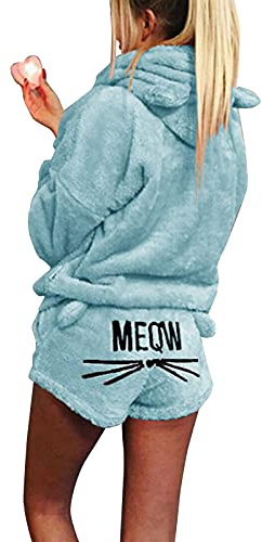 Pigiama da donna con ricamo a forma di gatto, 2 pezzi, invernale, carino, con cappuccio, orecchie di gatto, accappatoio a maniche lunghe, pantaloncini in pile