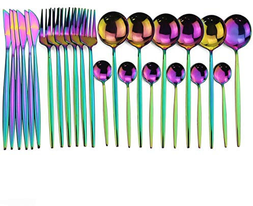 24 stücke Weißgold Geschirr Set Edelstahl Messer Gabel Löffel Besteck Set Küche Geschirr Set Flatware Set essgeschirr (Color : 24Pcs Rainbow)