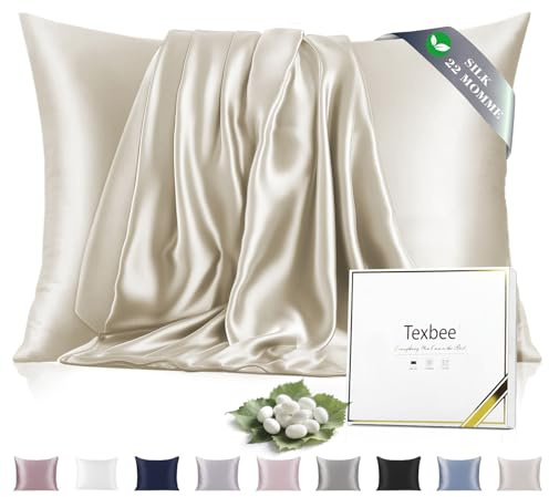 Texbee Seidenkissenbezug 40x80 Maulbeerseide für Haar und Haut, Beige | Beidseitige 22 Momme Naturseide für gesunde Haut & glattes Haar, mit Diskreter Reißverschluss, kühlend, atmungsaktiv, 1 Stück