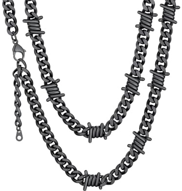 Barbed Wire Necklace Stainless Steel 9mm Cuban Chain with Spike, 41cm/51cm Punk Thorns Chain Choker Necklace