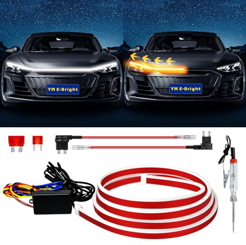 Dynamic Scan Start Up Hood Light Strip Sequential Flowing Turn Signal Lights Flexible DRL Daytime Running Car Led Light Strip Exterior, Dual Color Amber White Switchback 12V 79inch (1 Set)