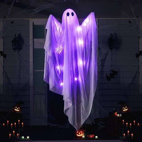 JOYIN 119 cm fliegendes Halloween-Gespenst, beleuchtet mit gruseligem violettem LED-Licht, für Hof, Terrasse, Rasen, Garten