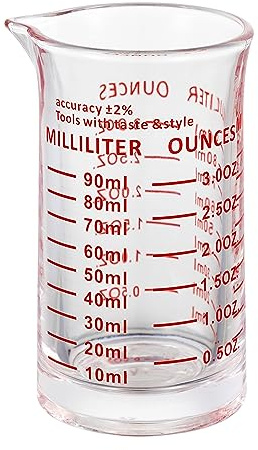 Ackers 3oz/90ml Glass Measuring Cup – Shot Glass with Double Scale-Ounce,Ml Markings for Kitchen & Bar(Red Line)