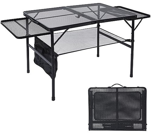JOUYEK Mesa plegable para parrilla, mesa de camping portátil de 3 x 2 pies con 2 paneles de alas, mesa de metal ajustable en altura con escritorio de malla y bolsa de malla, mesa al aire libre para