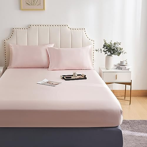 DuShow Fitted Sheet Double-Deep Pocket Satin Silky Bed Sheet,Breathable Soft and Comfortable-Wrinkle,Fade,Satin and Abrasion Resistant(Double,Blush Pink)