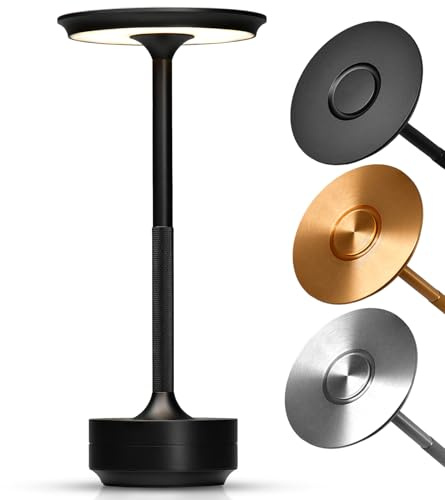 ELYSIA LED Akku-Tischleuchte Dimmbare Tischlampe Kabellos mit Touch für Innen & Outdoor [IP54], (extra-) Warmweiß [2200K-2700K-3200K], USB-C, Wieder-Aufladbare Nachttischlampe, Aluminium, Schwarz
