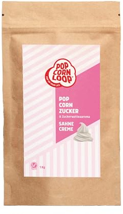 Popcornloop® Popcorn und Zuckerwatte Zucker Sahne Aroma 1KG perfekt geeignet für Zuckerwatte und Popcorn zum zubereiten Zuhause Süßes Premium Zuckeraroma