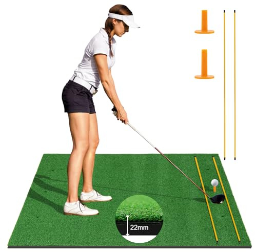 SPOTRAVEL 5 x 3FT/5 x 4FT Golf Practice Mat, Artificial Golf Hitting Mat with 2 Rubber Tees & 2 Alignment Sticks, Portable Chipping Mat for Pros & Beginners