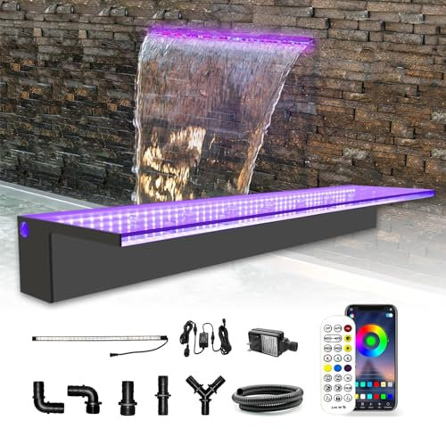 LONGRUN Bluetooth App Control Acrylic Pool Fountain, 90cm Pond Waterfall Cascade, Waterfall Blade with 7 Colors LED Light, Complete Waterfall & Stream Kits for Outdoor Water Features