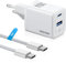 NOHON Caricatore USB-C Rapido Caricabatterie: 35W GaN Alimentatore USB C, 2-Porte Spina USB con Cavo Rapido 60W 1M, Compatibile per iPhone 15 14 13 12 Pro Max/iPad Pro Mini/Samsung (Bianco)
