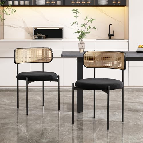 Merax Esszimmerstühle 2er Set, Moderner Küchenstühle mit Rattan Rückenlehne, Essstühle mit Vier Stützbeinen aus Metall, Samt, Schwarz