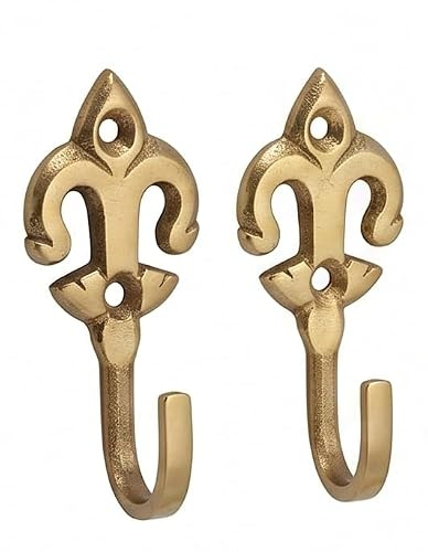 CyberSunrise Raffhalter für Vorhänge, Antik-Stil, massives Messing, Fleur de Lys, 2 Stück, 54 mm Länge, 23 mm Breite
