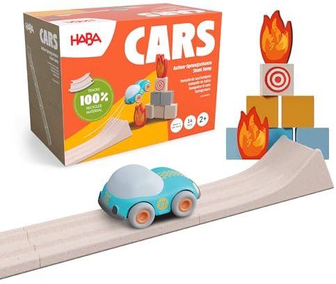 HABA Cars Action-Sprungschanze – 15-teiliges Set aus recyceltem Holz und Kunststoff – Auto mit starkem Schwungmotor, batteriefrei – Für Kinder ab 2 Jahren – 2011843001