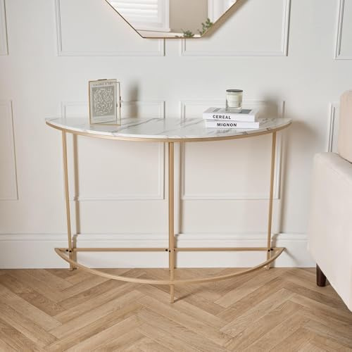OHS Console Table, Marble Effect Half Moon Console Table Sturdy Metal Framing Home Entry Hallway Table Decorative Modern Tabletop - White, 110 x 76 x 35cm