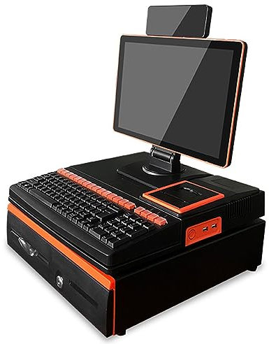 FLNOZAMZ Registrierkasse für kleine Unternehmen, 15,6-Zoll-Computer-Smart-Registrierkasse mit Tastatur, All-in-One-Gerät, LED-Anzeige, 58-mm-Drucker (orange)