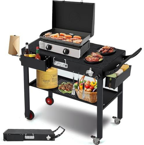 JFHID Mesa de parrilla al aire libre, carrito portátil plegable para exteriores, para soporte de parrilla Blackstone, mesas plegables para barbacoa, mesa de preparación móvil con ruedas para camping,